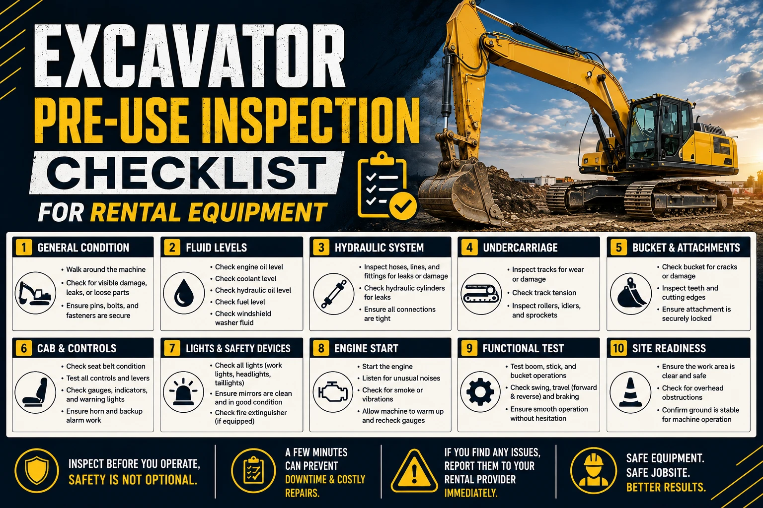 excavator pre-use inspection checklist